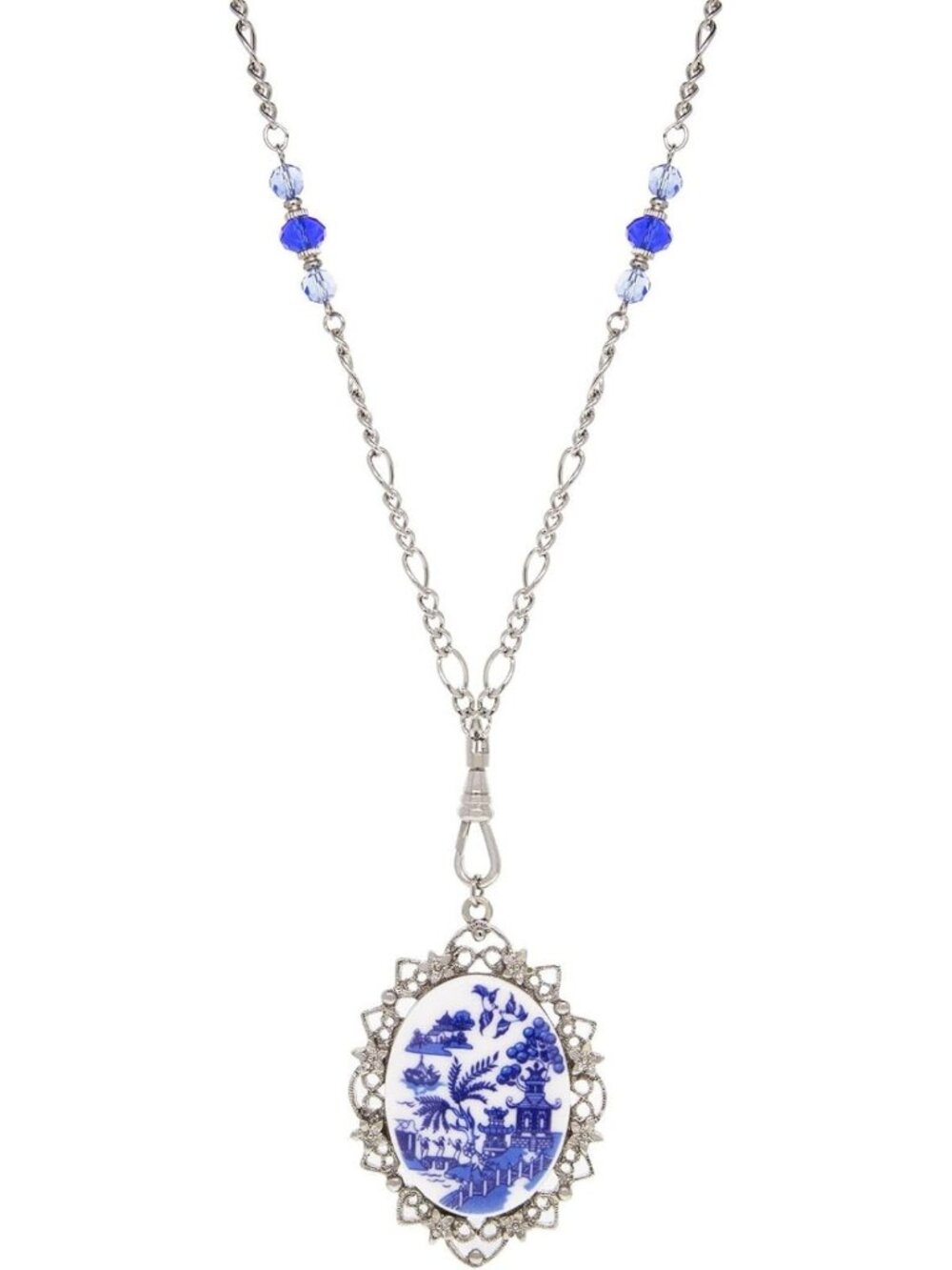 Vintage Light Sapphire Crystal Pendant Necklace, 30" Oval Swivel Design